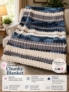 Handmade Chunky Throw Blanket - Navy, White & Gray